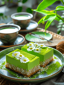 绿茶片与椰子蛋糕混合