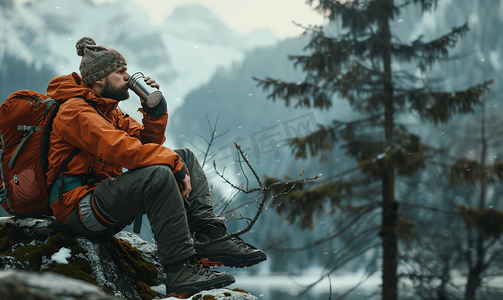 登山者一边喝酒一边在树旁休息