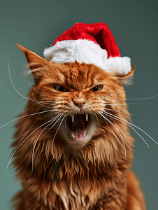 愤怒的红猫戴着圣诞老人的帽子