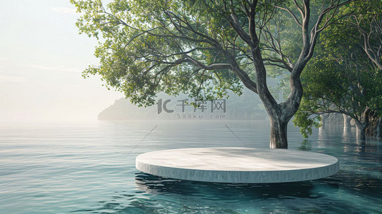 展台树木水面合成创意素材背景