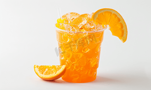 红色果汁摄影照片_白色背景塑料杯中橙色的泥冰