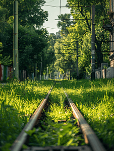 旅游线路设计摄影照片_绿草覆盖的电车轨道