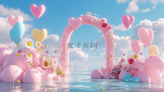 六一水面上粉色卡通3D花朵气球拱门背景