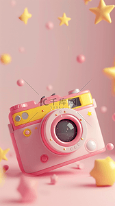 相机旅行背景图片_粉紫色卡通3D相机图标背景