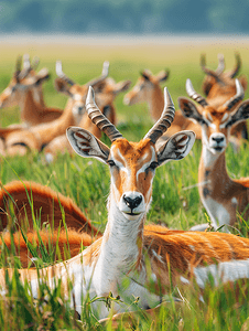 一群红羚羊在草地上吃草或躺下