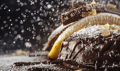 面包巧克力摄影照片_巧克力香蕉蛋糕用巧克力和面粉盖的香蕉