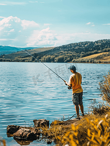 暑假生活摄影照片_年轻人在湖上用竿钓鱼旅行生活方式概念暑假