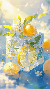 夏日清新可爱冰块里的柠檬花朵设计