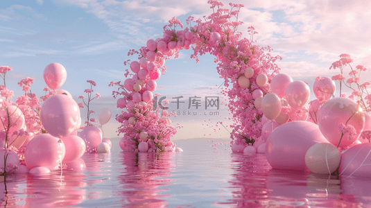 六一水面上粉色卡通3D花朵气球拱门设计图