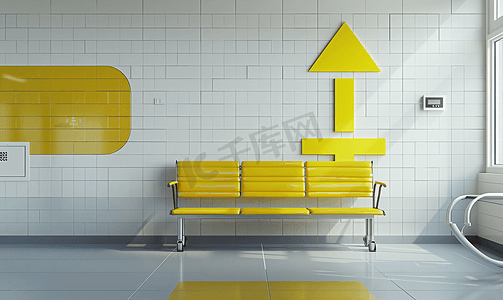 候诊室瓷砖上粘着黄色箭头上的轮椅图