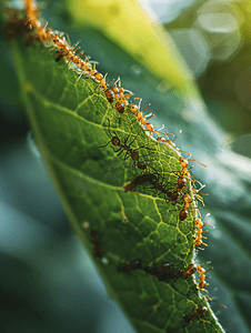 棕色蚂蚁在绿叶上吃蚜虫幼虫