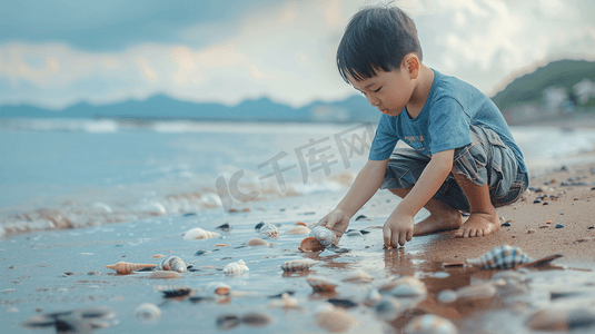 沙滩捡贝壳摄影照片_海边玩沙子捡贝壳的儿童20