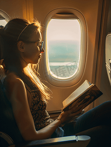 出席乘客在飞机座位上看书