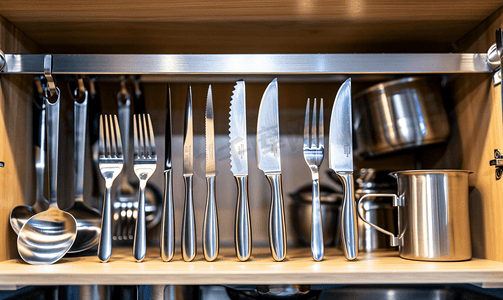 餐饮套摄影照片_厨房橱柜架子上的一套刀叉和勺子