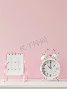 月份icon摄影照片_粉红色桌面背景上的白色闹钟和日历