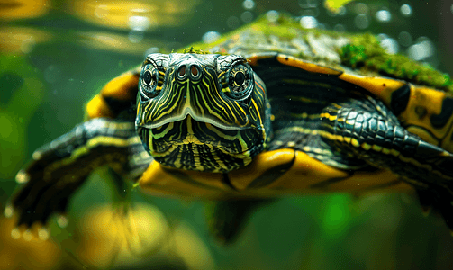 淡水贝壳摄影照片_蛇颈龟在绿色浑浊的水中游泳