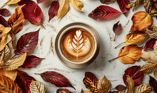 干燥秋叶环框中的咖啡拿铁杯