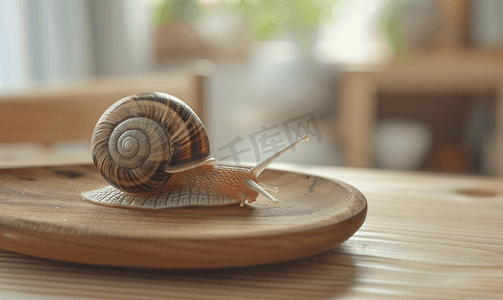 特写小棕色蜗牛在木板上慢慢移动