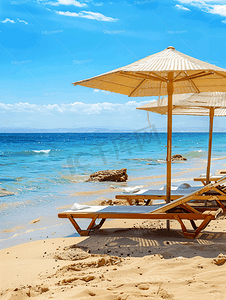 卡通夏日海边摄影照片_阳光明媚的日子里红海边的木制沙滩伞和太阳椅