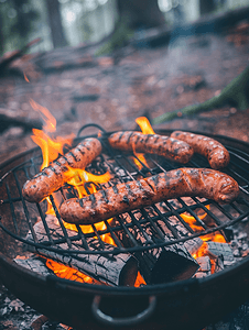 烤肠集合摄影照片_篝火旁美味的烤香肠在大自然中露营户外活动
