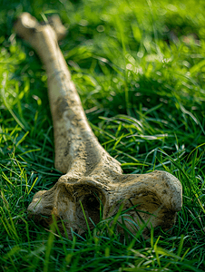 有益的摄影照片_一块被啃过的大动物骨头躺在绿草上