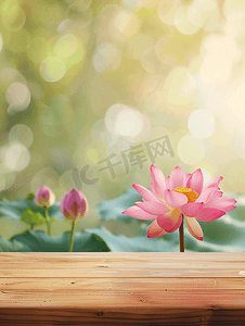 中国底纹红色摄影照片_有桃红色莲花背景木桌的顶桌