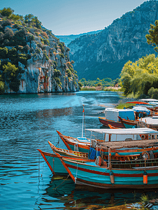 土耳其穆拉达利安河码头停泊的旅游河船