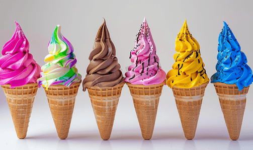 冰淇淋卡通背景摄影照片_白色背景上的一组各种明亮的多彩多姿的冰淇淋华夫饼锥