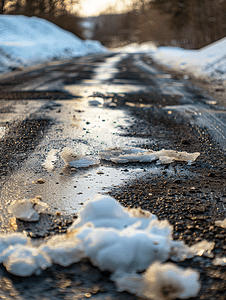 路边的脏雪沥青上的积雪融化降水后道路情况
