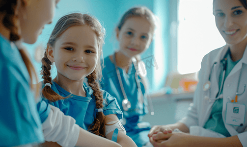 儿童医疗海报摄影照片_保健 儿童医疗女医生给住院的小女孩吃药水