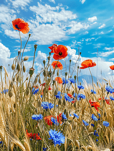 玉米田中的红色鲜罂粟花和蓝色矢车菊映衬着大自然的蓝天