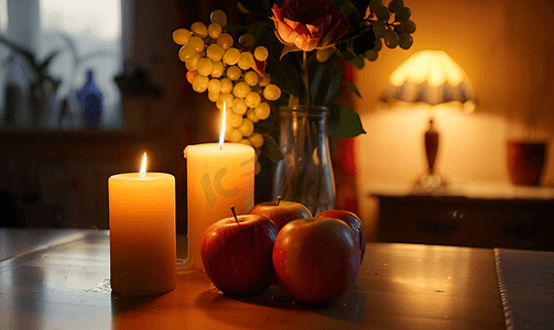 氛围灯光摄影照片_靠近灯的桌子上点燃蜡烛放着一个花瓶里面放着水果、苹果和葡萄