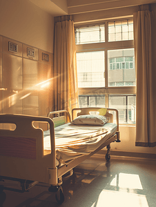 复古标签贴摄影照片_空荡荡的医院病床阳光从窗户照进来复古色调