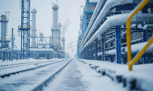 工业蓝色摄影照片_工业类型景观与喇叭工业区在冬天