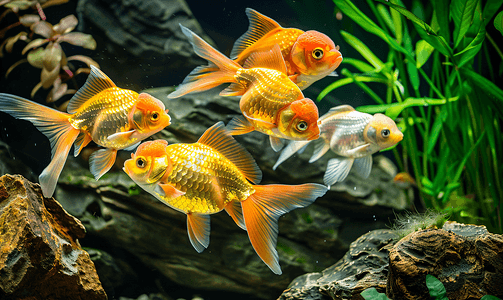 主图橙色摄影照片_水下岩石背景下水族馆中的射线鳍金鱼鲤鱼家族