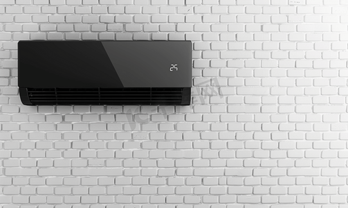 快乐端午摄影照片_白砖墙上悬挂的现代黑色空调高品质照片