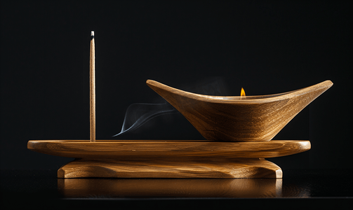 香炉燃香摄影照片_黑色背景中的木制香炉和烛台