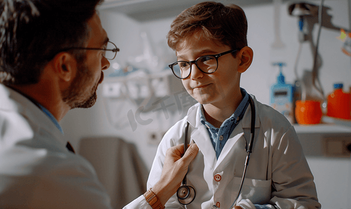 小儿科医生在院里检查一个小男孩白着被孤立