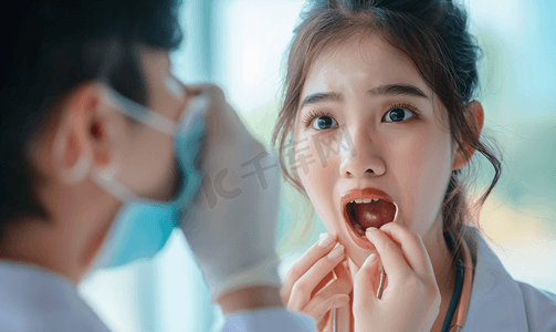 医疗医院医生摄影照片_年青的亚洲女孩张开嘴让医生在诊
