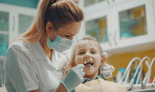 牙齿大暑摄影照片_儿科牙医女牙医检查小病人的牙齿