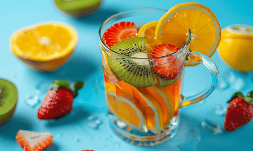 夏季果汁系列摄影照片_蓝色背景中配有奇异果草莓橙片的气泡茶玻璃