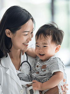 关爱亚洲人身体关注年轻妈妈带着孩子看医生