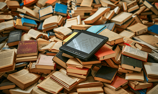 知识阅读摄影照片_电子书阅读器与一堆书