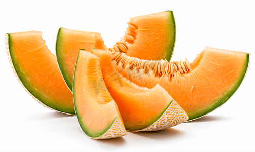 美味多汁摄影照片_橙色哈密瓜瓜果切片孤立在白色背景包括剪切路径