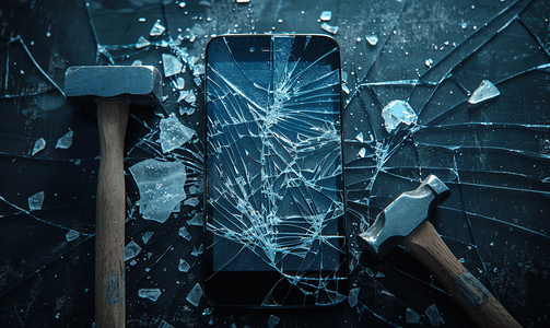 深色背景上带碎玻璃屏和锤子的智能手机