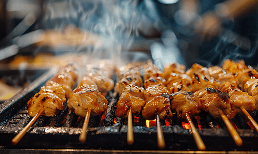日式烤鸡或居酒屋风格的烤鸡肉串