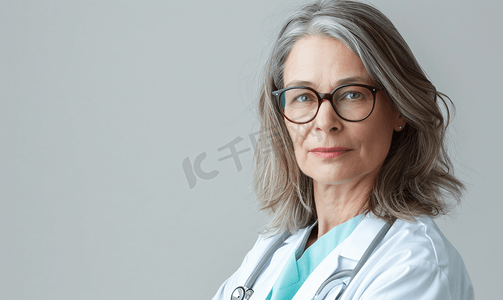 中年女医生戴眼镜和听诊器