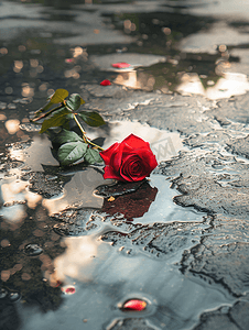 路人女主摄影照片_在路人的背景下一朵玫瑰躺在水坑里