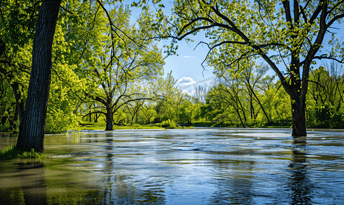 春季洪水河水溢出树木