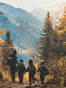 三个孩子在木山上行走的背影家庭旅行和与孩子一起徒步旅行
